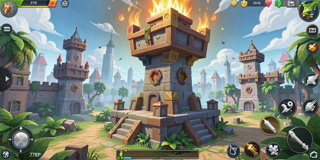 Tampilan menarik dari gameplay 77RP dengan menara dan strategi pertahanan.