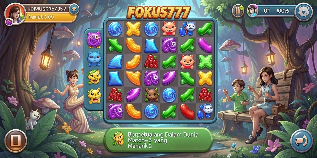 Tampilan gameplay FOKUS777 dengan aksi Match-3 yang seru.