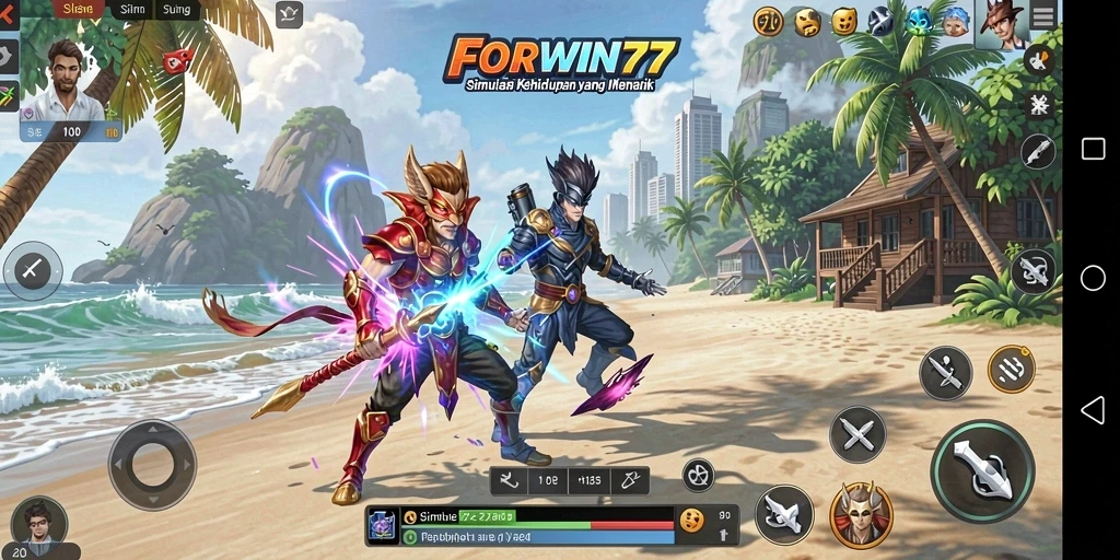 Screenshot gameplay FORWIN77 yang menunjukkan interaksi karakter dan lingkungan.