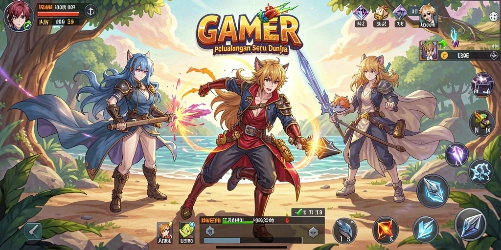 Tampilan gameplay GAMERP yang menampilkan karakter anime dalam pertarungan epik.