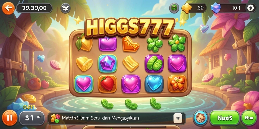 Gameplay HIGGS777 yang seru dengan tantangan Match-3.