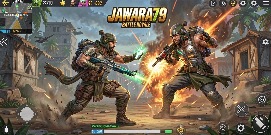 Tangkapan layar gameplay JAWARA79 menampilkan pertarungan seru di arena Battle Royale.