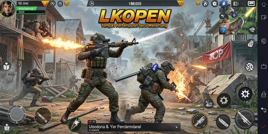Screenshot utama LKOPEN menampilkan pertempuran intens dengan grafis yang menakjubkan.