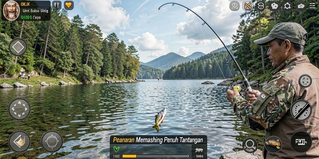 Tampilan gameplay menarik dari OKJK saat menangkap ikan di danau.