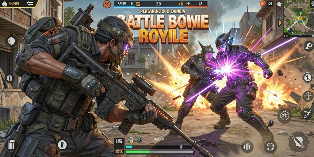 Gameplay seru RAP89 dalam pertarungan Battle Royale di lapangan.