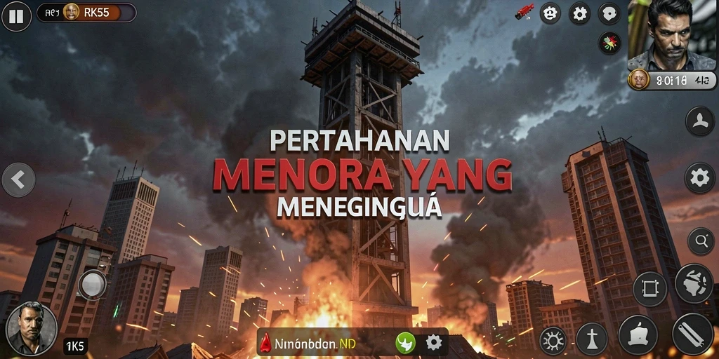 Tangkapan layar gameplay RK55 menampilkan aksi pertahanan menara yang menegangkan.