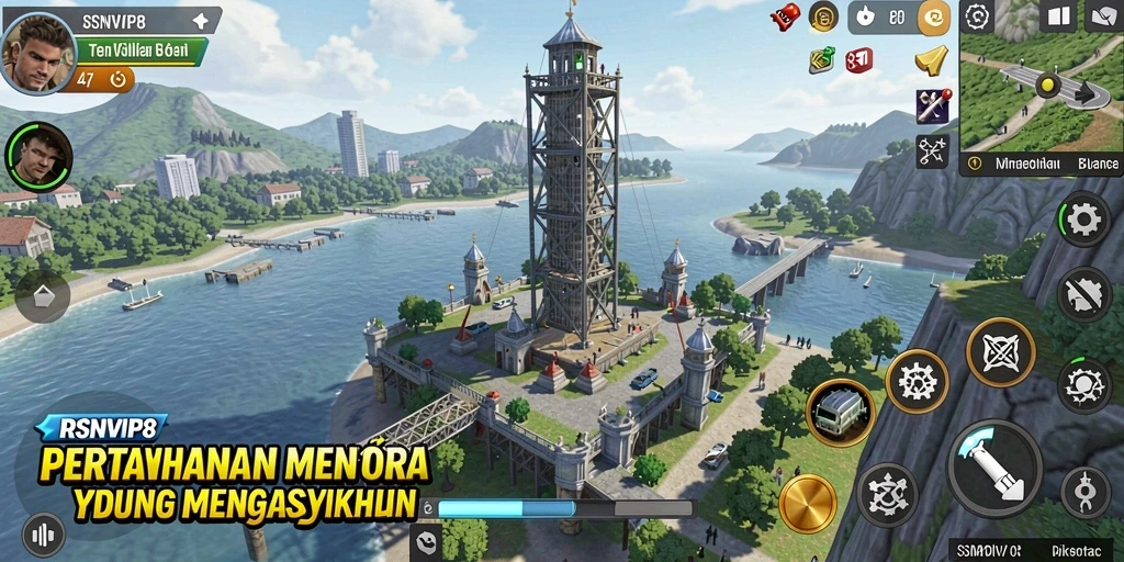 Tangkapan layar gameplay RSNVIP8 yang menunjukkan pertahanan menara strategis.