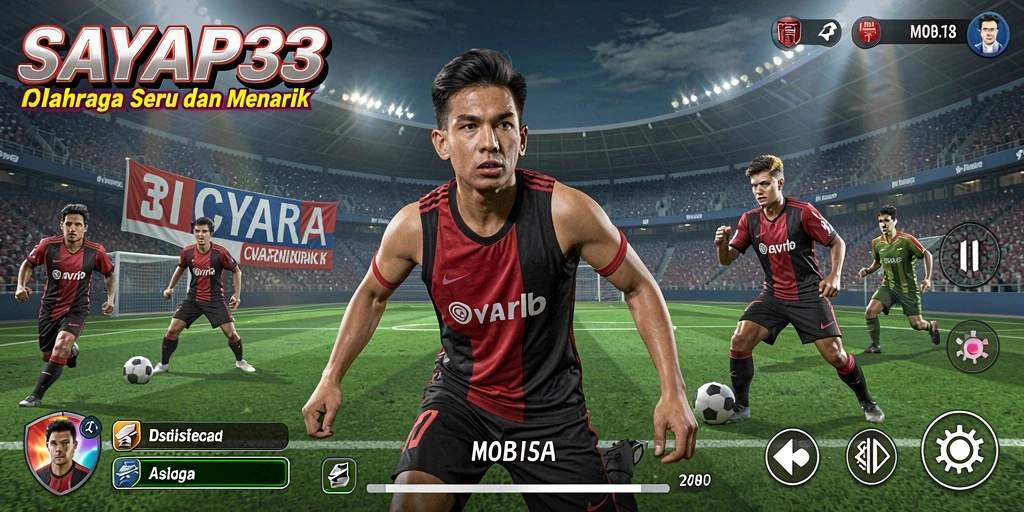 Tampilan utama gameplay SAYAP33 dengan pemain beraksi di lapangan.