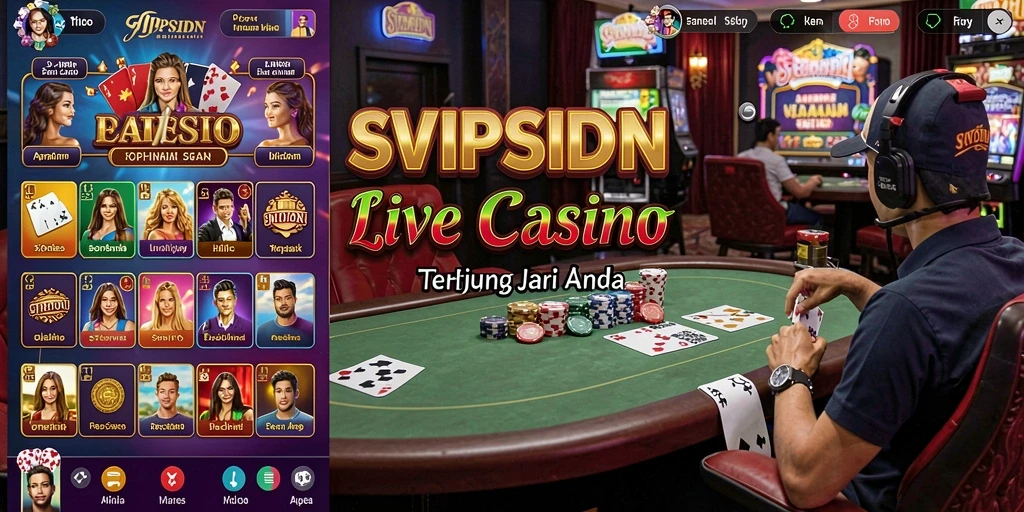 Screenshot gameplay SVIPSIDN yang menampilkan dealer dan suasana kasino langsung.